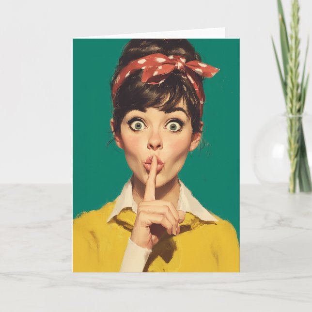 Retro Woman Making a Shush Card (Front)