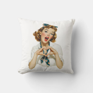 Retro Woman Making Heart Gesture Throw Pillow