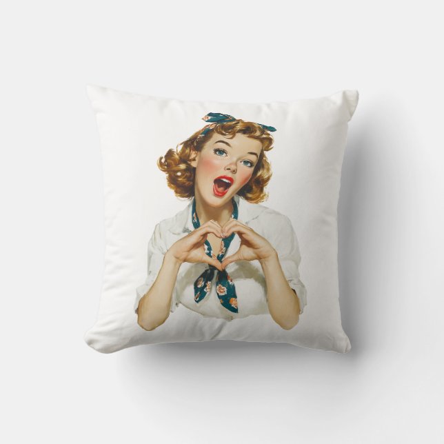 Retro Woman Making Heart Gesture Throw Pillow (Front)