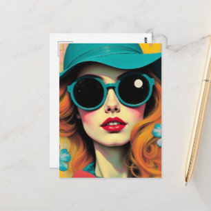 Retro Woman Matching Sunglasses and Hat Postcard
