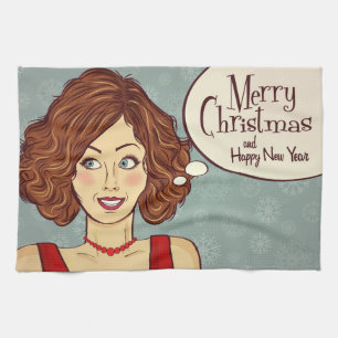 Retro Woman Merry Christmas Kitchen Towel
