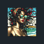 Retro Woman on Beach Comic Style Pop Art Canvas Print<br><div class="desc">Pretty retro African American woman in bikini sitting on beach with sunglasses on in vintage colours in a pop art comic style.</div>