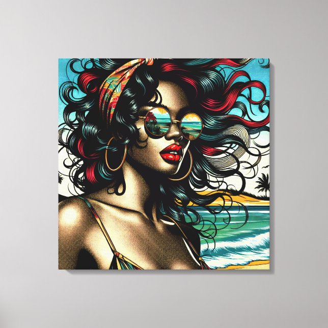 Retro Woman on Beach Comic Style Pop Art Canvas Print (Front)