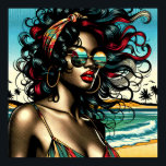 Retro Woman on Beach Comic Style Pop Art Poster<br><div class="desc">Pretty retro African American woman in bikini sitting on beach with sunglasses on in vintage colours in a pop art comic style.</div>