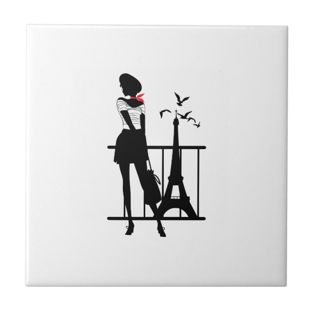 Retro woman red and black silhouette with Eiffel T Tile (Front)