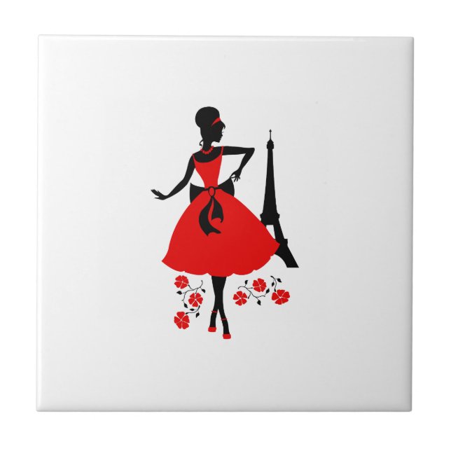 Retro woman red black silhouette with Eiffel Tower Tile (Front)