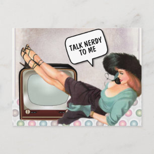 RETRO WOMAN TALK NERDY TO ME FUNNY POSTCARD