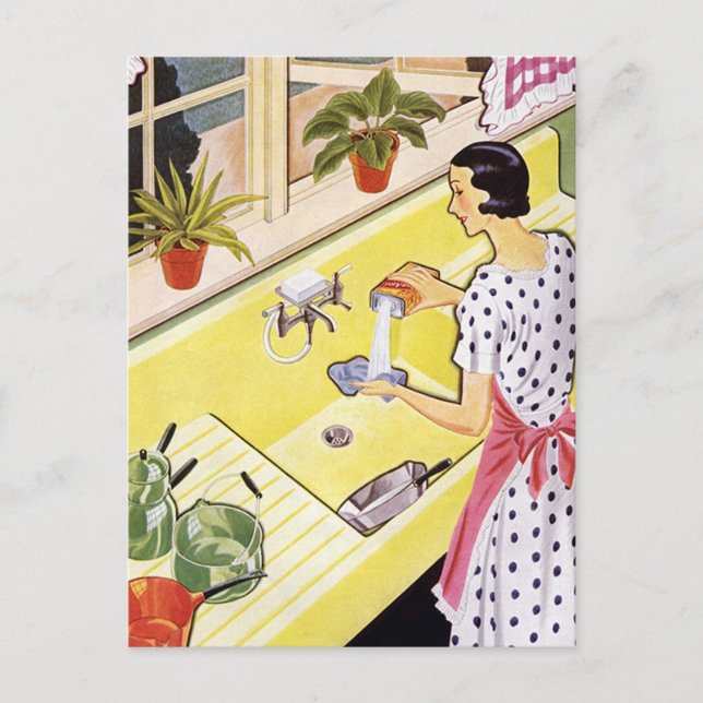 Retro Woman Washing Dishes Postcard (Front)