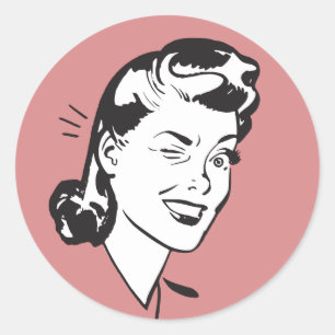 Retro woman winking illustration on pink classic round sticker