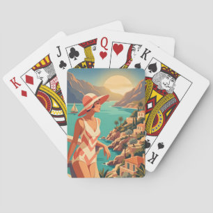 Retro WomanPlaying Cards Deck Vintage Travel Art