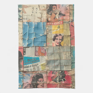 Retro Women Newspaper Vintage Mosaic Pattern Kitchen Towel
