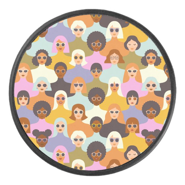 Retro Women of the World Pattern Hockey Puck (Front)