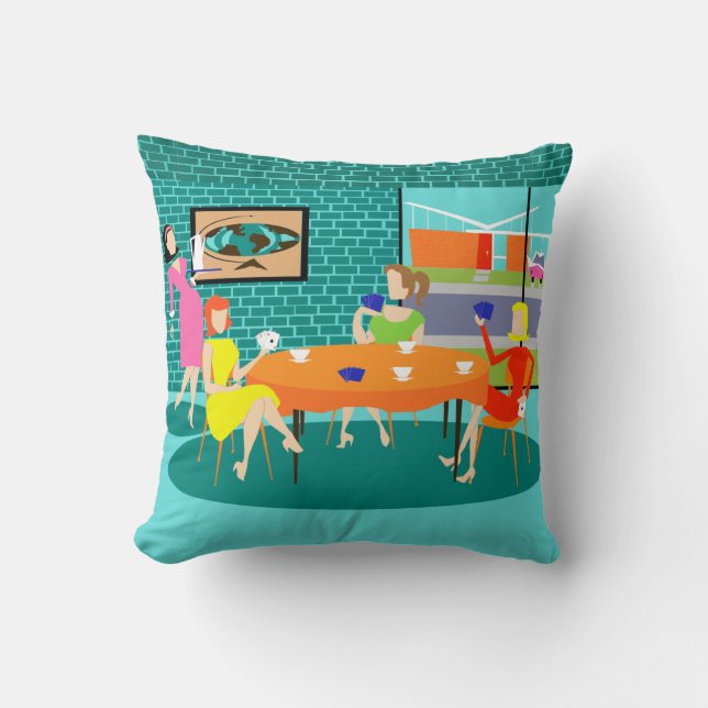 Retro Women's Card Game Throw Pillow (Front)