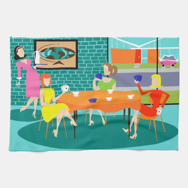 Retro Women's Weekly Card Game Kitchen Towel (Horizontal)