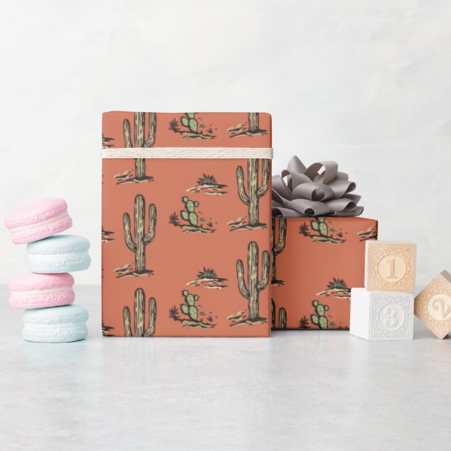 Retro Woodcut Cactus Terracotta & Green Wrapping Paper (Baby Shower)