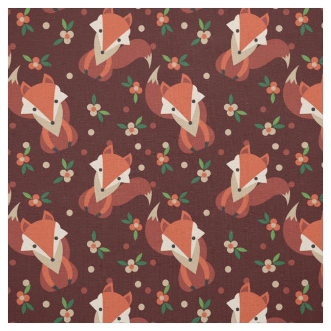 Retro Woodland Foxes And Flowers Pattern Fabric (Swatch)