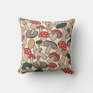 Retro Woodland Mushroom Foraging Throw Pillow