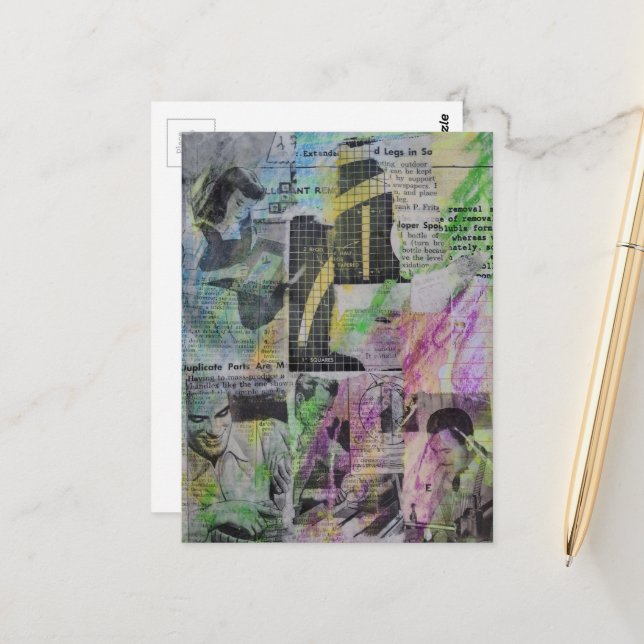 Retro Woodworking Abstract mixed media collage  Postcard (Front/Back In Situ)