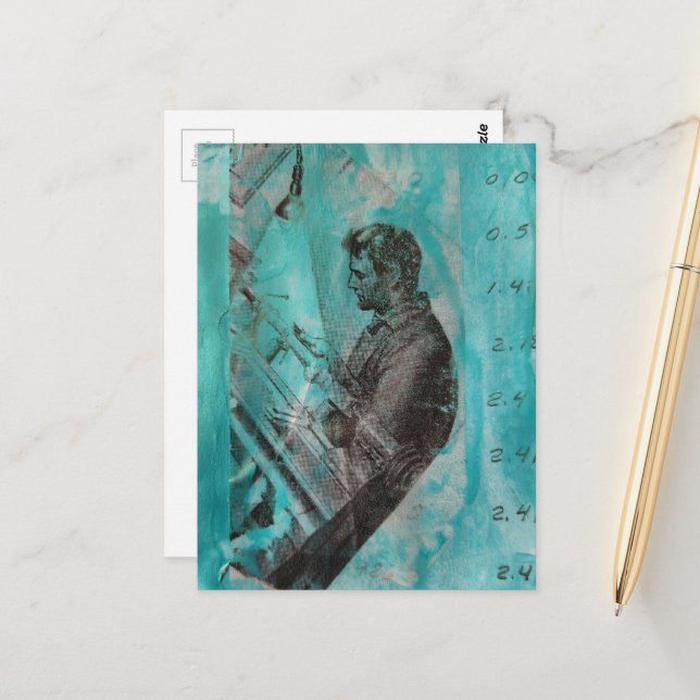 Retro Woodworking Man on a Blue Background Postcard (Front/Back In Situ)