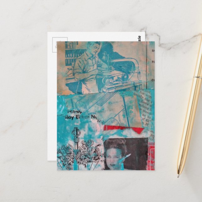 Retro Woodworking Mixed Media Collage  Postcard (Front/Back In Situ)