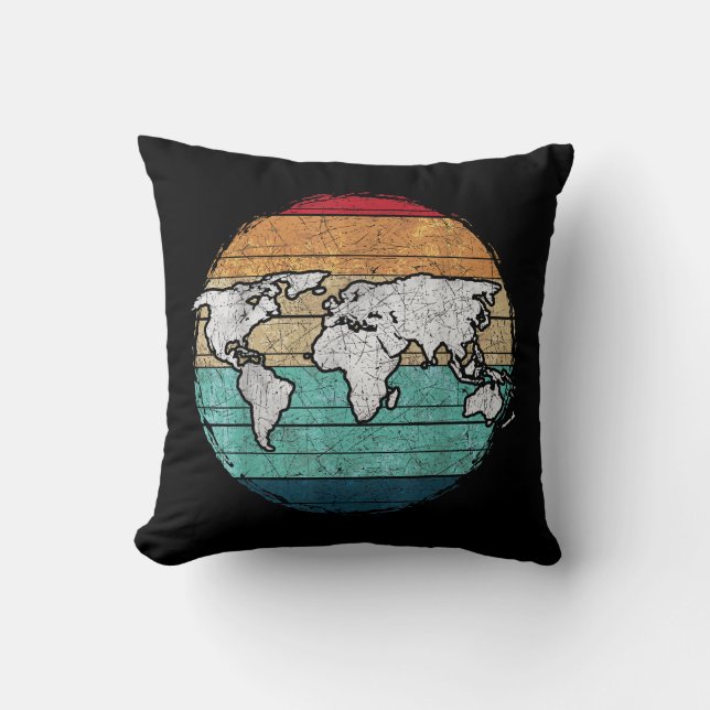 Retro World Map Throw Pillow (Front)