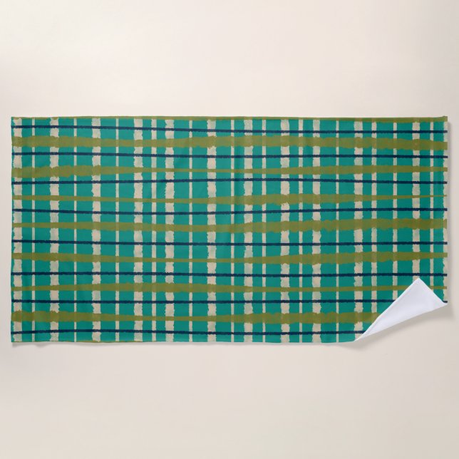 Retro Woven Picnic Plaid Pattern Teal Green Shower Beach Towel (Front)