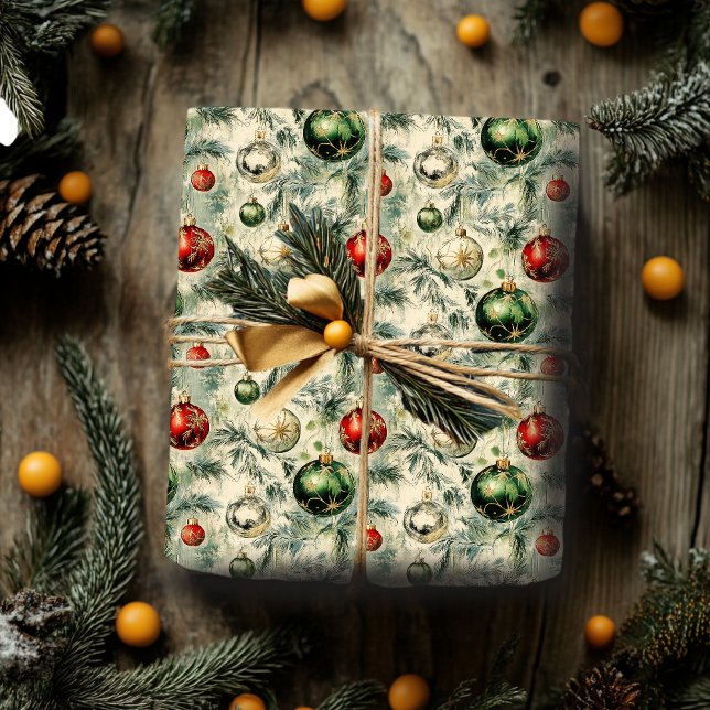Retro Wrapping Paper Green and Red Ornaments (Creator Uploaded)