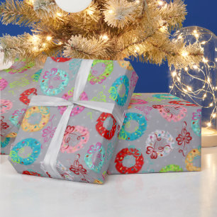 Retro Wreaths - Grey Christmas Wrapping Paper