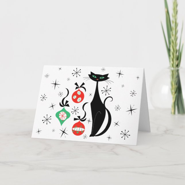 Retro Xmas Cat horizontal Holiday Card (Front)
