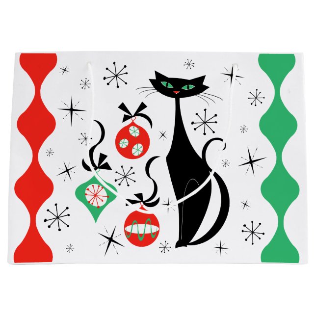 Retro Xmas Cat Stripe  Large Gift Bag (Front)