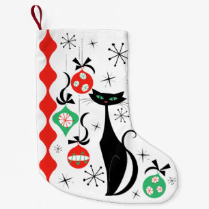 Retro Xmas Cat Stripe multi back 2-sided Small Christmas Stocking