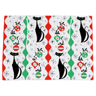 Retro Xmas Cat Stripe Multi  Large Gift Bag