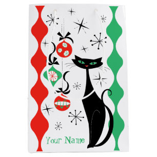 Retro Xmas Cat Stripe Name Medium Gift Bag