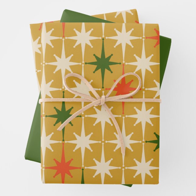 Retro Xmas Midcentury Modern Stars Ochre Olive Wrapping Paper Sheet (In situ)