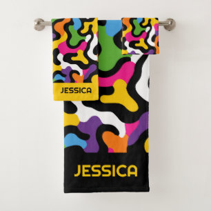 Retro y2k Aesthetic Abstract Swirls Colourful Name Bath Towel Set