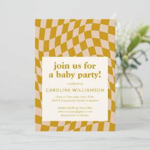 Retro Yellow Abstract Chequerboard Baby Shower Invitation