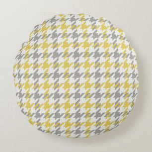 Retro yellow and grey houndstooth plaid pattern round pillow