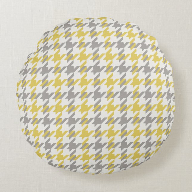 Retro yellow and grey houndstooth plaid pattern round pillow (Front)
