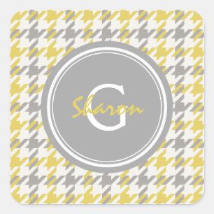 Retro yellow and grey houndstooth plaid pattern square sticker