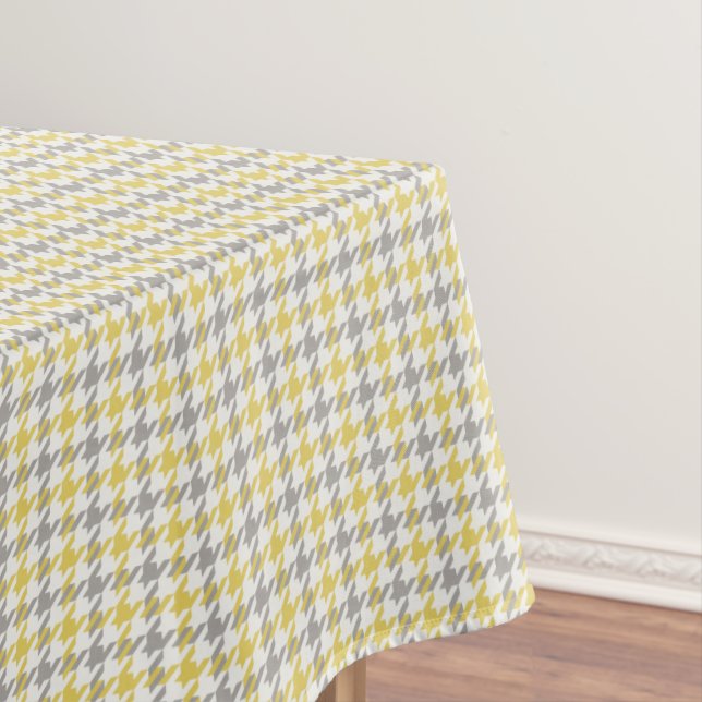 Retro yellow and grey houndstooth plaid pattern tablecloth (In Situ)