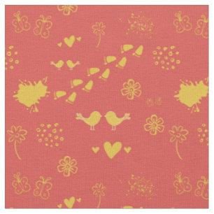 Retro yellow and red pattern of birds, dots, foot fabric