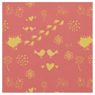 Retro yellow and red pattern of birds, dots, foot fabric