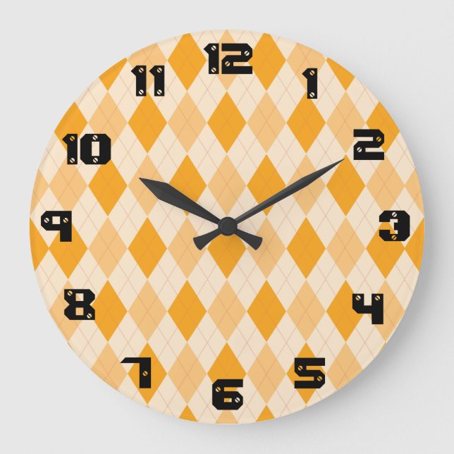Retro yellow argyle rockabilly wall clock (Front)