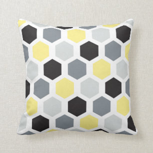 Retro Yellow, Black & Gray Hexagon Pattern Throw Pillow