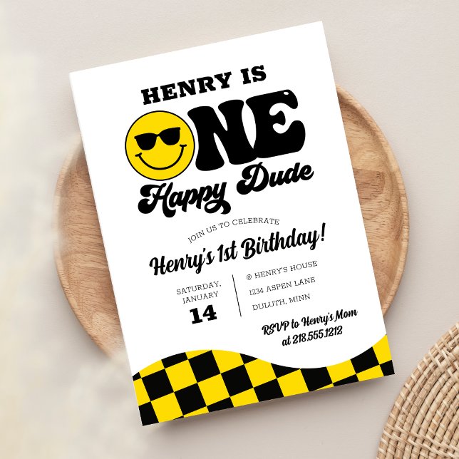 Retro Yellow Black One Happy Dude 1st Birthday Invitation (Creator Uploaded)