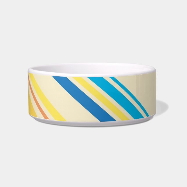 Retro Yellow Blue Cream Stripes Pattern Pet Bowl (Front)
