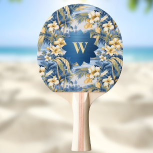 Retro Yellow Blue Floral n Tropical Palms Initial Ping Pong Paddle