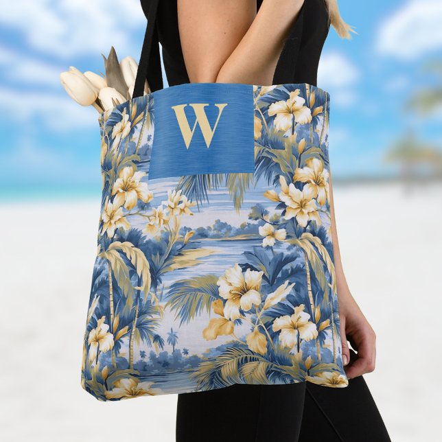 Retro Yellow Blue Floral n Tropical Palms Initial  Tote Bag (Creator Uploaded)