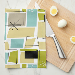 Retro Yellow Blue Squares Starburst Mid-century Kitchen Towel