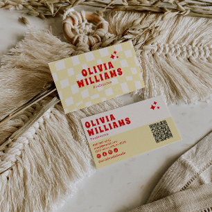 Retro Yellow Bold Groovy Checkered Funky QR Code Business Card